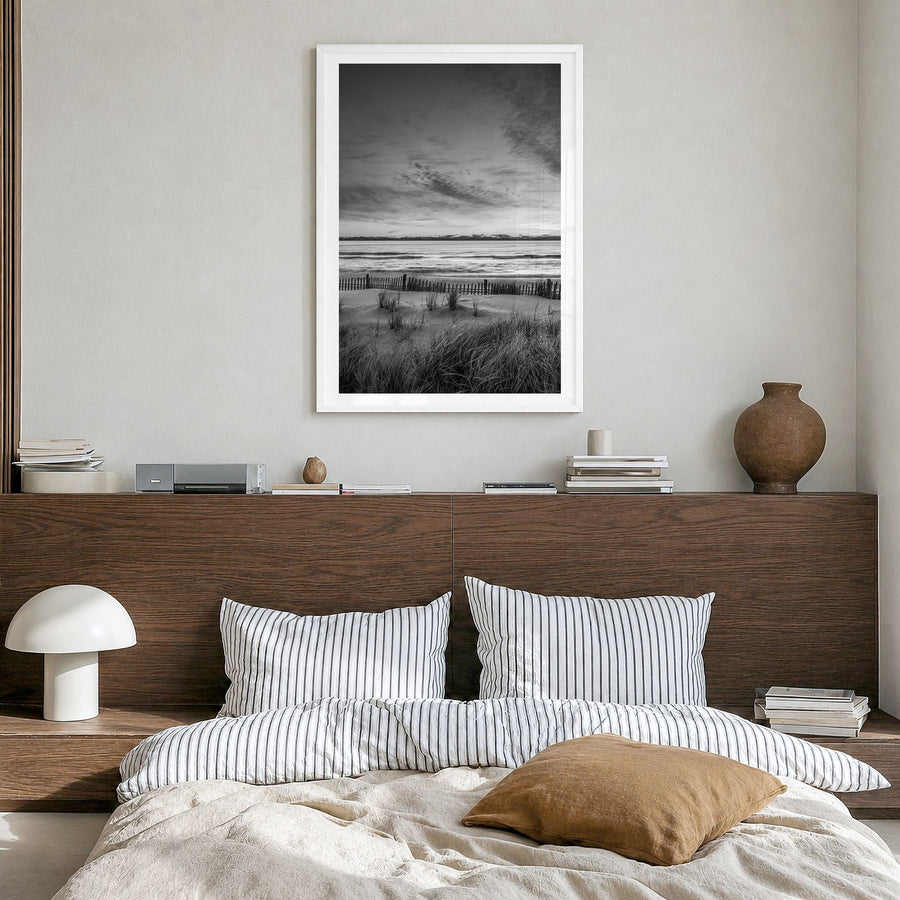 Long Beach Photo No 2 Poster in a white wood frame, hanging in a bedroom, white border