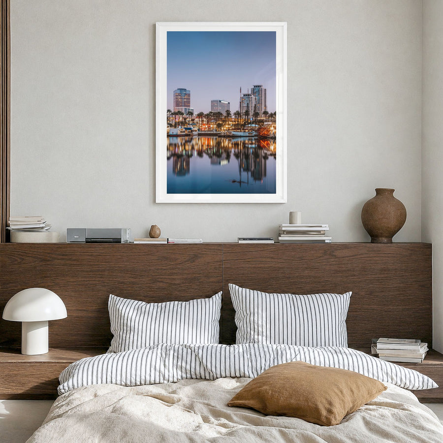 Long Beach Photo No 1 Poster in a white wood frame, hanging in a bedroom, white border