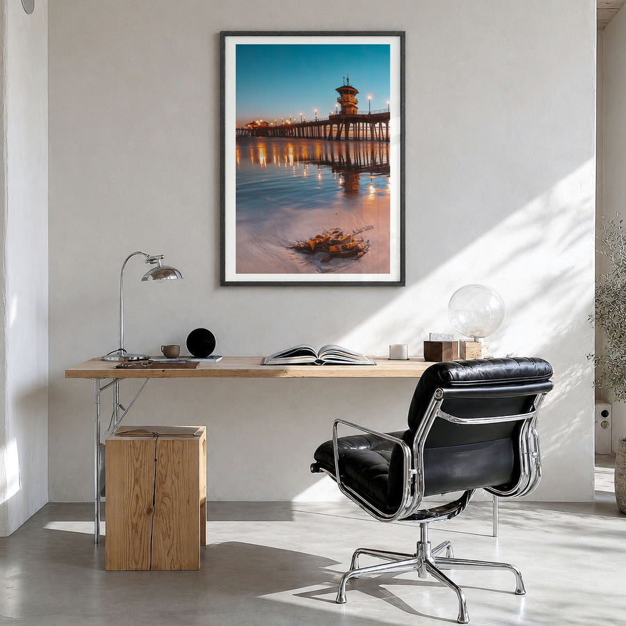 Long Beach Photo No 2 Poster in a black wood frame, hanging in a bright home office, white border