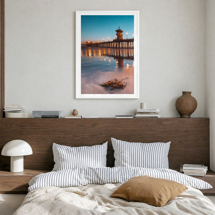 Long Beach Photo No 2 Poster in a white wood frame, hanging in a bedroom, white border