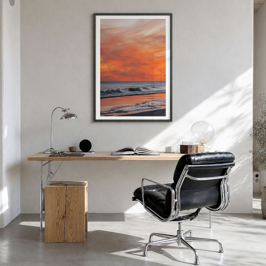 Long Beach Photo No 3 Poster in a black wood frame, hanging in a bright home office, white border
