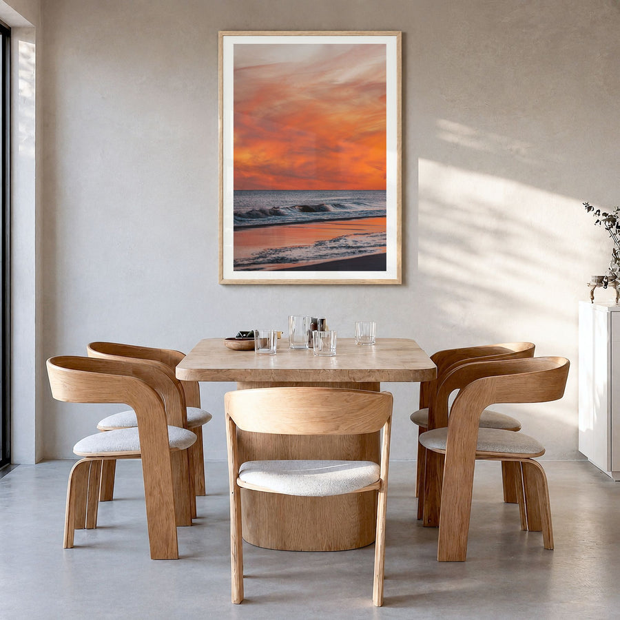 Long Beach Photo No 3 Poster in a natural wood frame, hanging in a dining room, white border