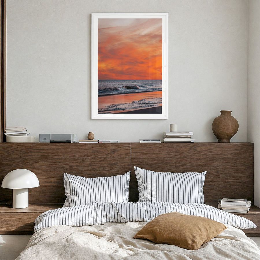 Long Beach Photo No 3 Poster in a white wood frame, hanging in a bedroom, white border