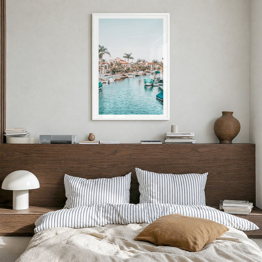 Long Beach Photo No 4 Poster in a white wood frame, hanging in a bedroom, white border
