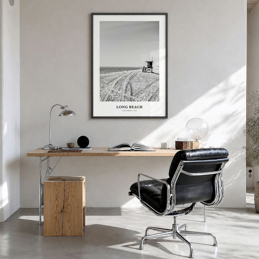 Long Beach Classic No 1 Poster in a black wood frame, hanging in a bright home office