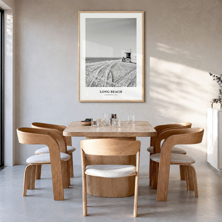 Long Beach Classic No 1 Poster in a natural wood frame, hanging in a dining room
