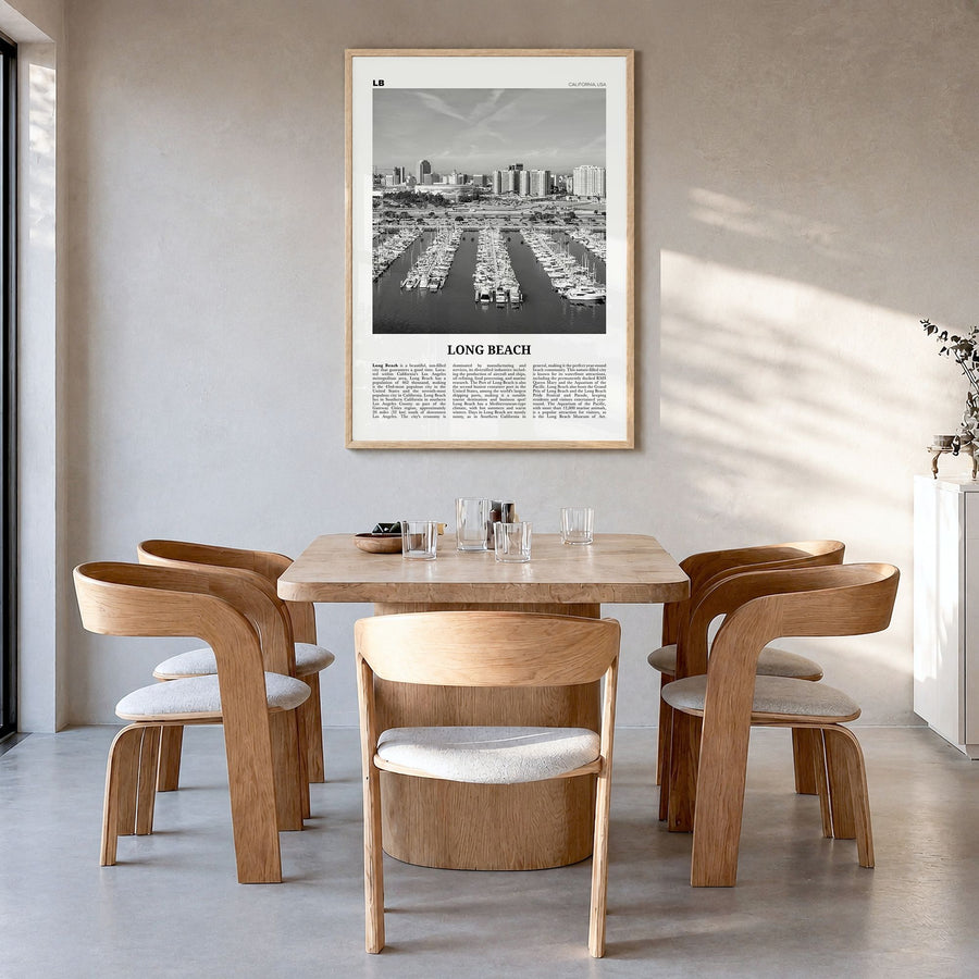 Long Beach Newspaper No 2 Poster in a natural wood frame, hanging in a dining room