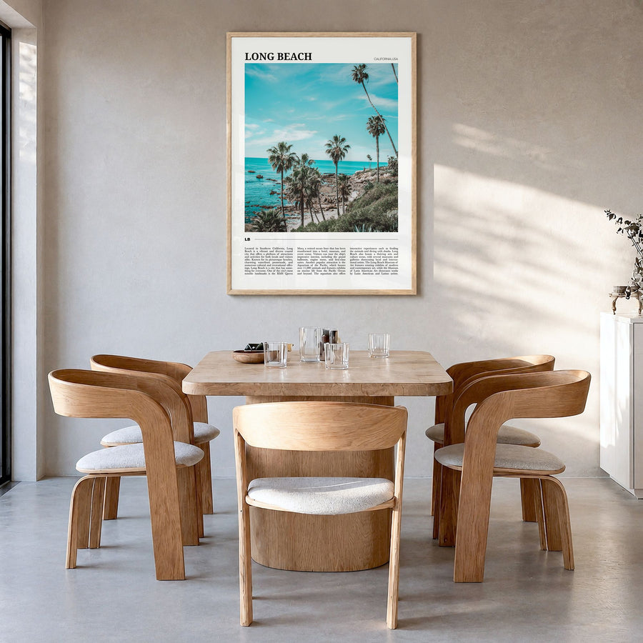Long Beach Travel No 1 Poster in a natural wood frame, hanging in a dining room