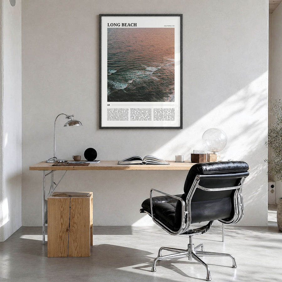Long Beach Travel No 2 Poster in a black wood frame, hanging in a bright home office
