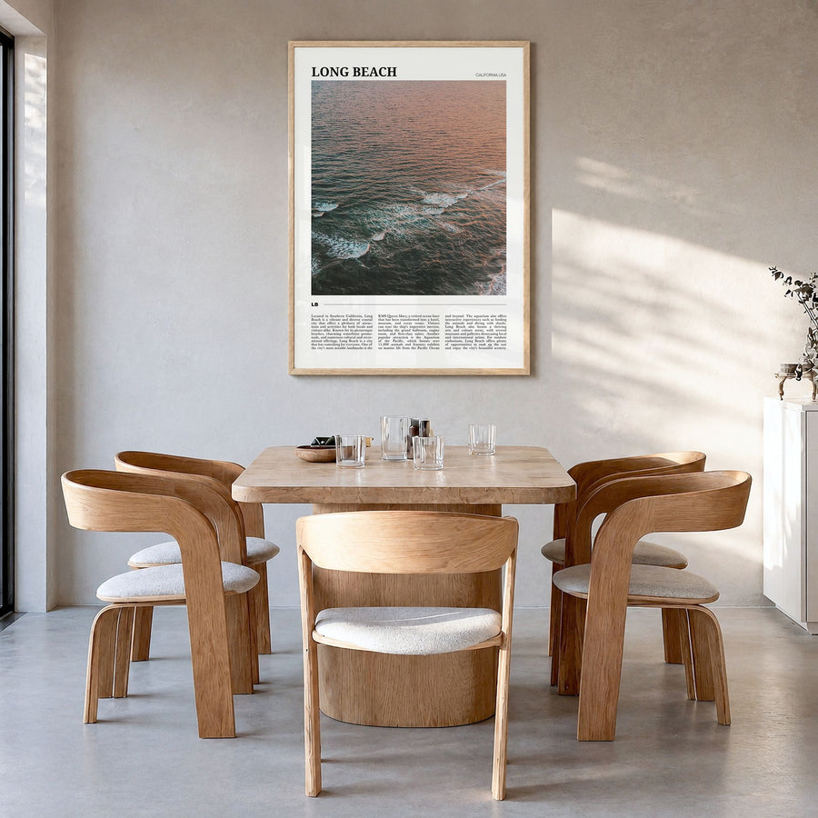 Long Beach Travel No 2 Poster in a natural wood frame, hanging in a dining room
