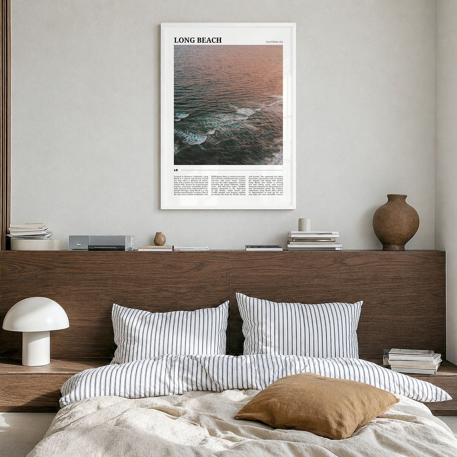 Long Beach Travel No 2 Poster in a white wood frame, hanging in a bedroom
