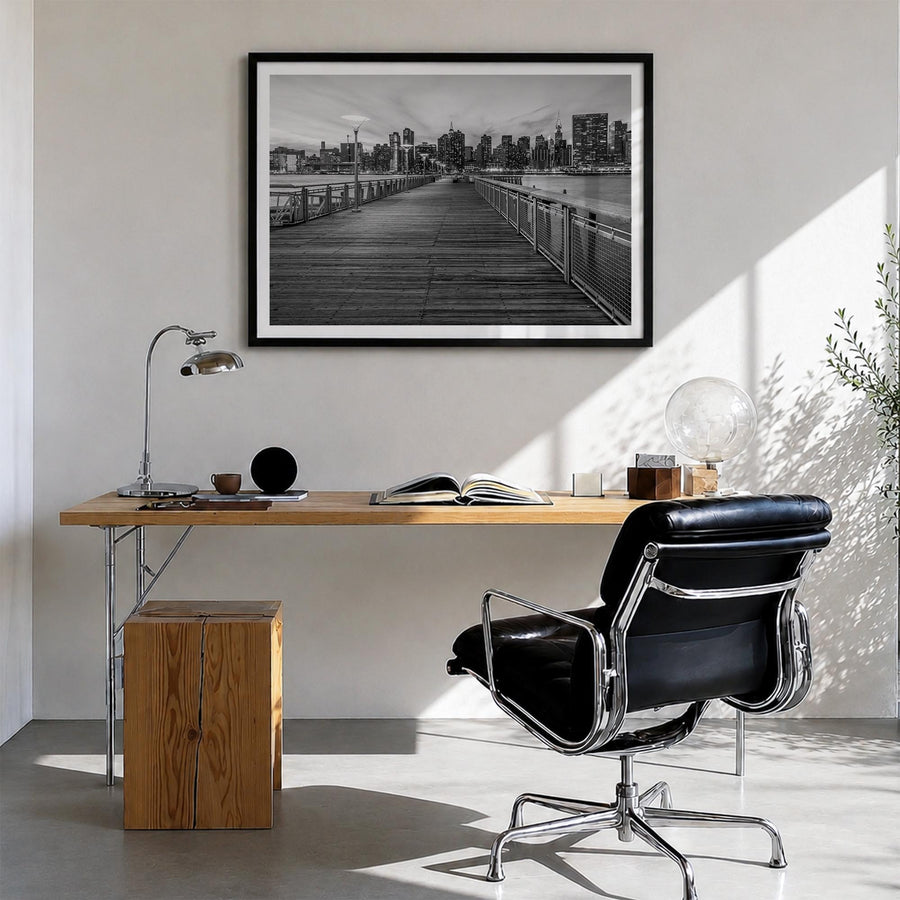 Long Island black & white photo poster of New York, USA – horizontal wall art in black wood frame with white border, hanging 