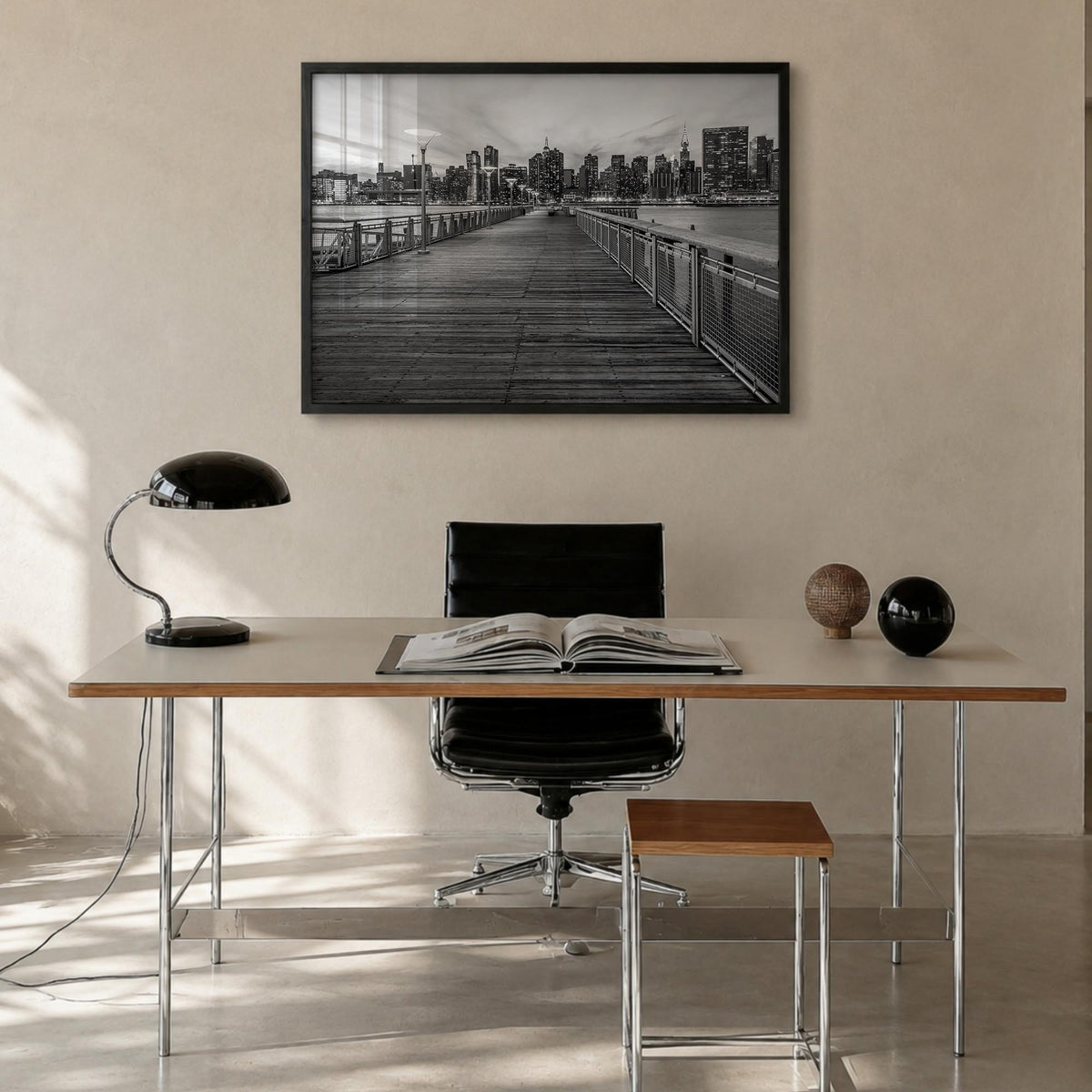 Long Island black & white photo poster of New York, USA – horizontal wall art in black wood frame, hanging on wall