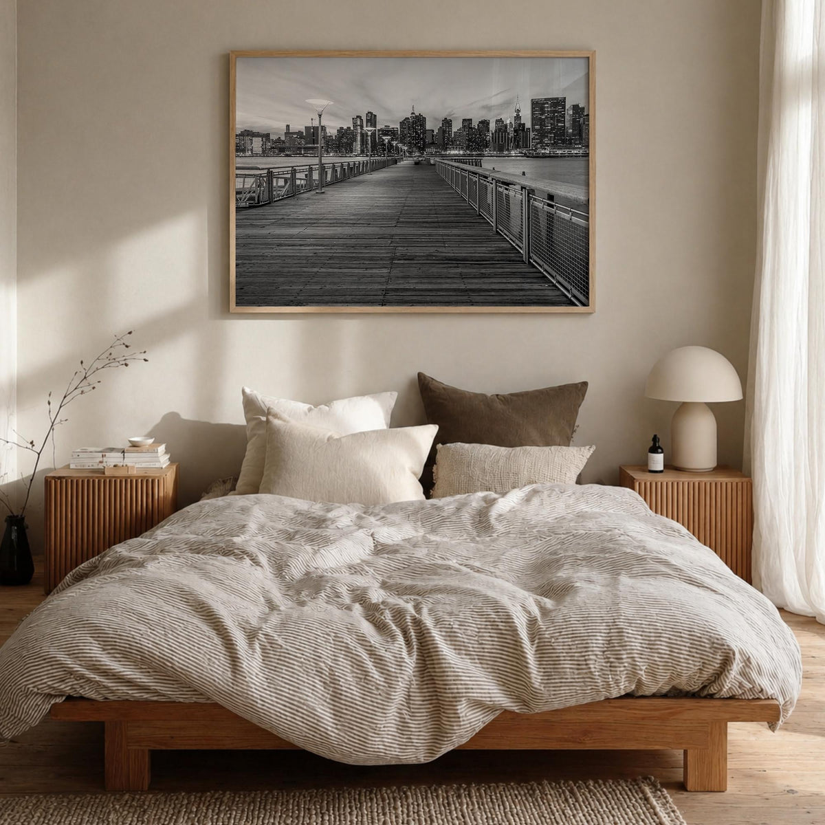 Long Island black & white photo poster of New York, USA – horizontal wall art in natural wood frame, hanging on wall