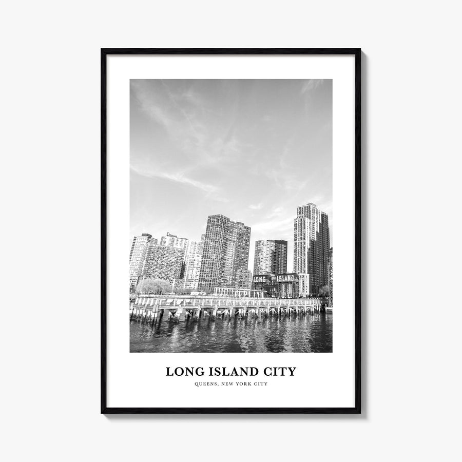 Long Island City black & white classic poster of Queens, New York City – vertical wall art, unframed print shown in interior 
