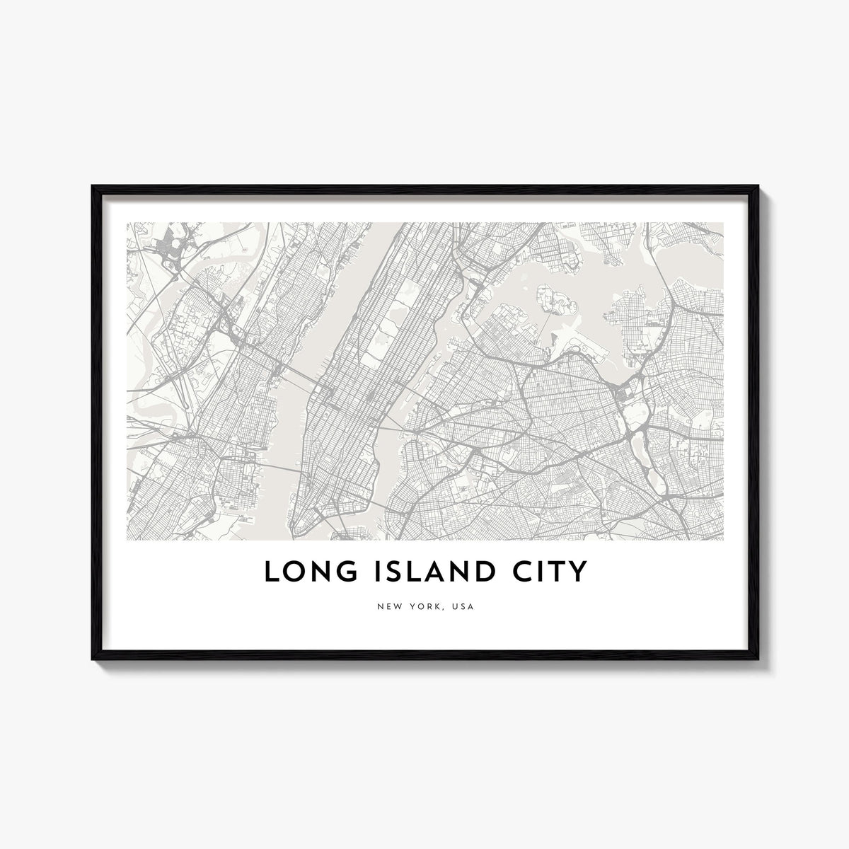 Long Island City black & white map poster of Queens, New York City – horizontal wall art, unframed print shown in interior mo