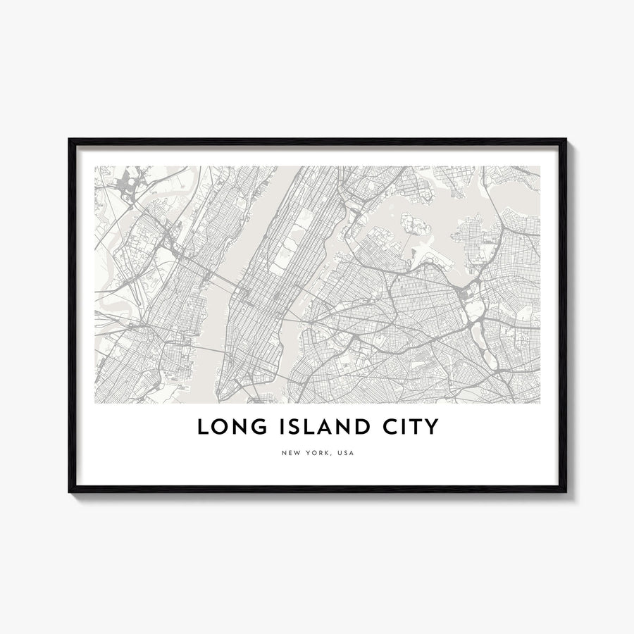 Long Island City black & white map poster of Queens, New York City – horizontal wall art, unframed print shown in interior mo