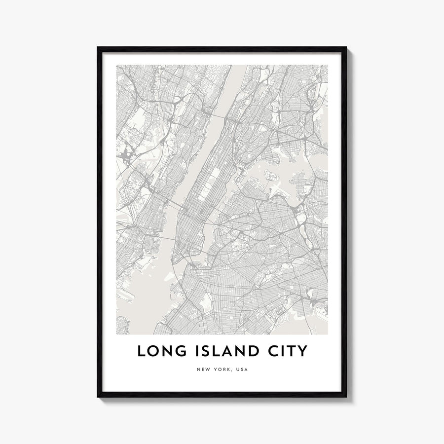 Long Island City black & white map poster of Queens, New York City – vertical wall art, unframed print shown in interior mock