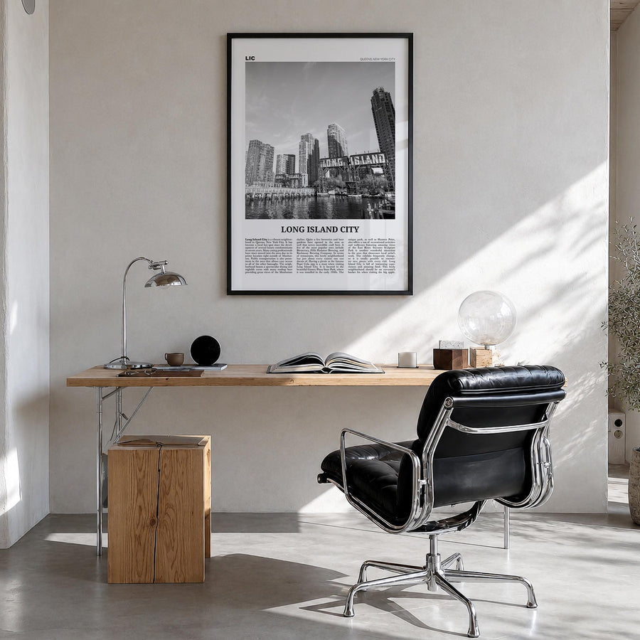 Long Island City black & white newspaper poster of Queens, New York City – vertical wall art in black wood frame, hanging on 