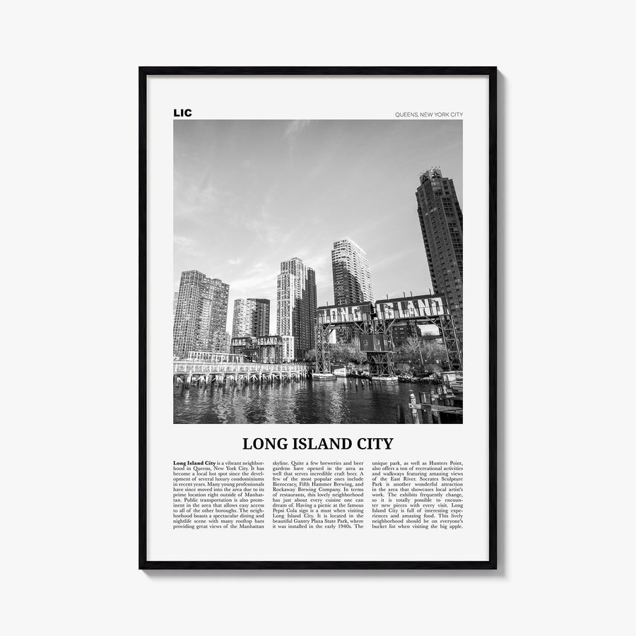 Long Island City black & white newspaper poster of Queens, New York City – vertical wall art, unframed print shown in interio