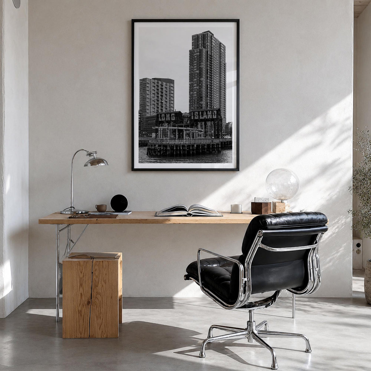 Long Island City black & white photo poster of Queens, New York City – vertical wall art in black wood frame with white borde