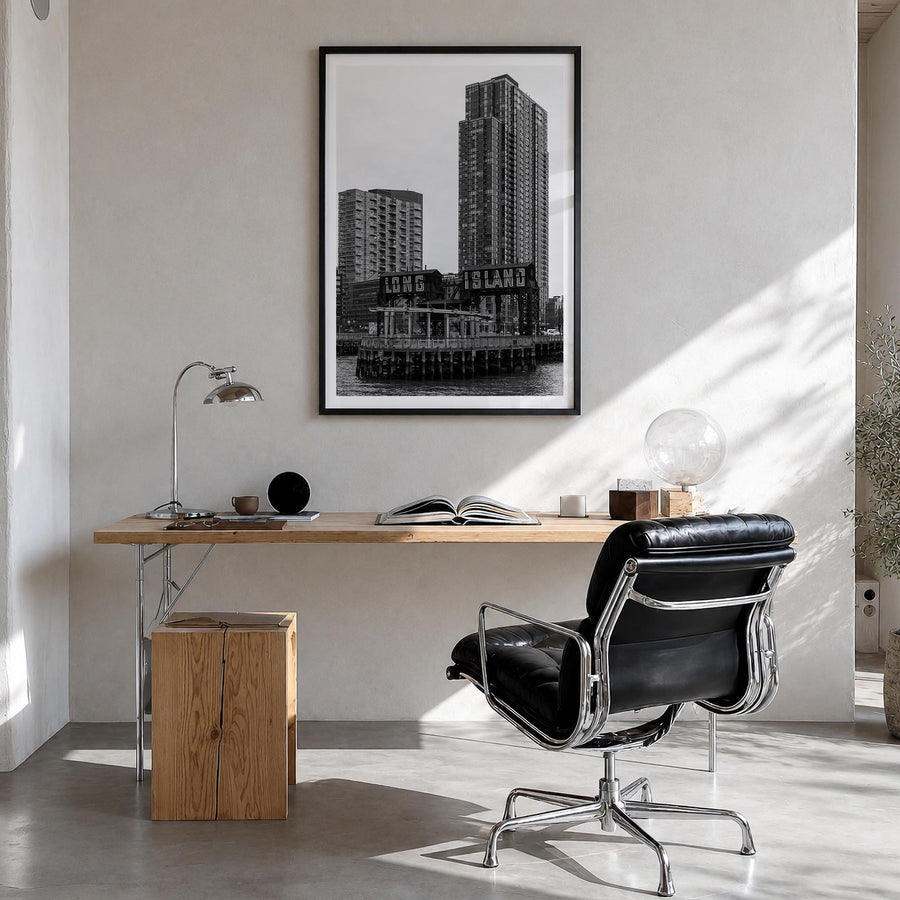 Long Island City black & white photo poster of Queens, New York City – vertical wall art in black wood frame with white borde