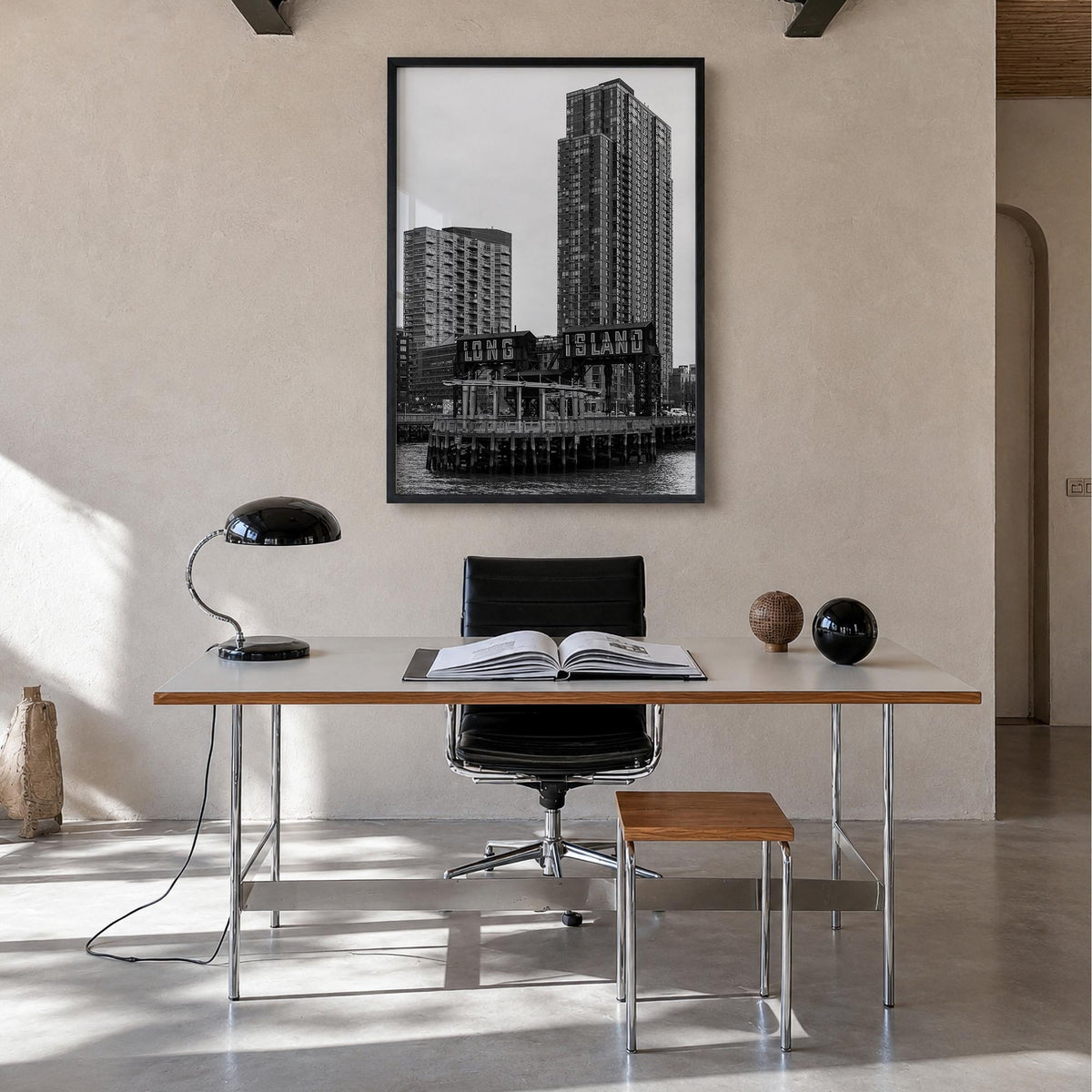 Long Island City black & white photo poster of Queens, New York City – vertical wall art in black wood frame, hanging on wall