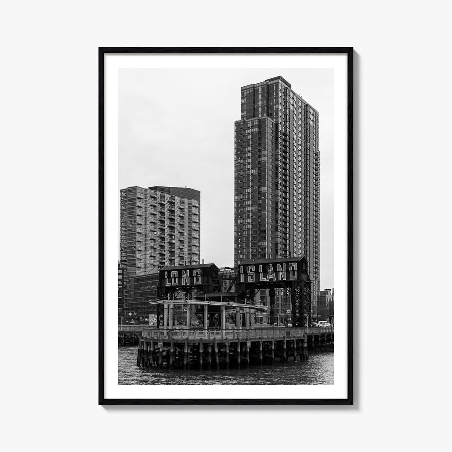 Long Island City black & white photo poster of Queens, New York City – vertical wall art, unframed print shown in interior mo