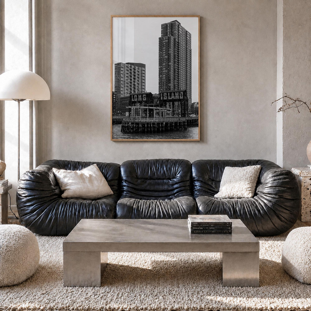 Long Island City black & white photo poster of Queens, New York City – vertical wall art in natural wood frame, hanging on wa