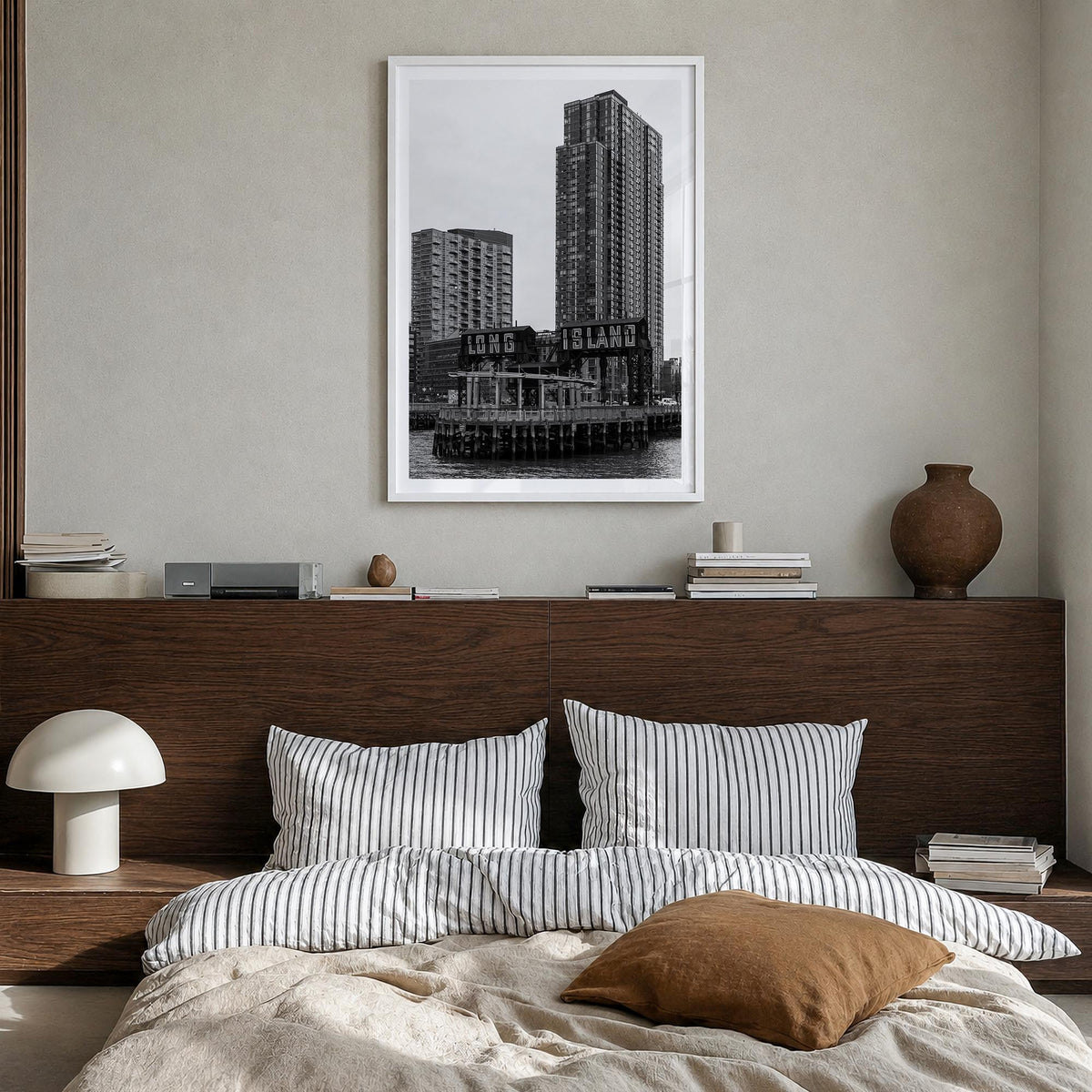Long Island City black & white photo poster of Queens, New York City – vertical wall art in white wood frame with white borde