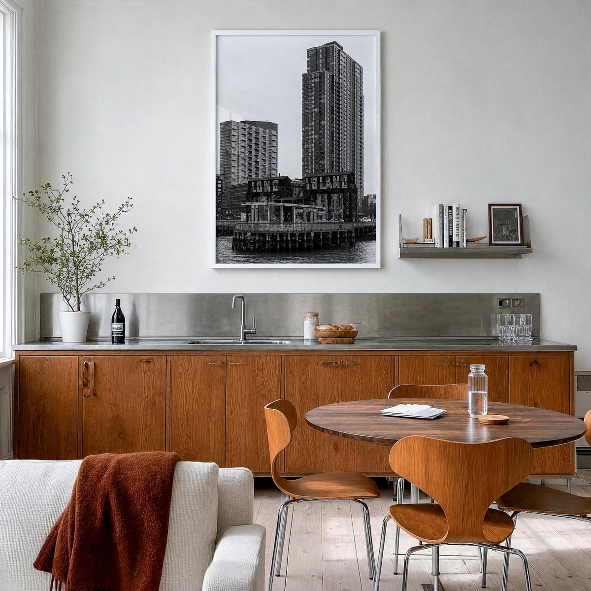 Long Island City black & white photo poster of Queens, New York City – vertical wall art in white wood frame, hanging on wall