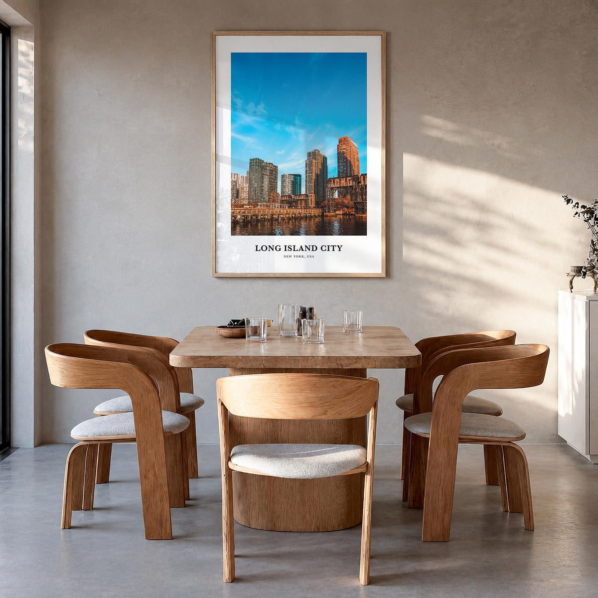 Long Island City colorful classic poster of Queens, New York City – vertical wall art in natural wood frame, hanging on wall