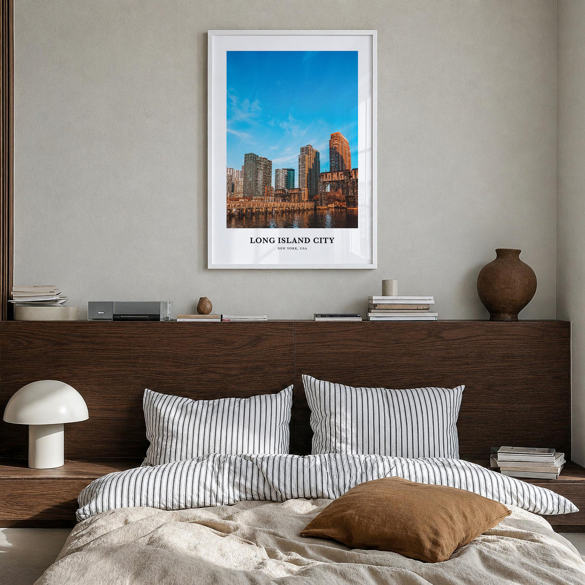 Long Island City colorful classic poster of Queens, New York City – vertical wall art in white wood frame, hanging on wall
