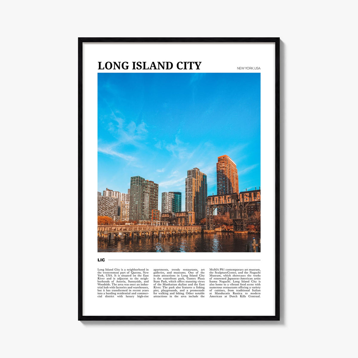 Long Island City colorful travel poster of Queens, New York City – vertical wall art, unframed print shown in interior mockup