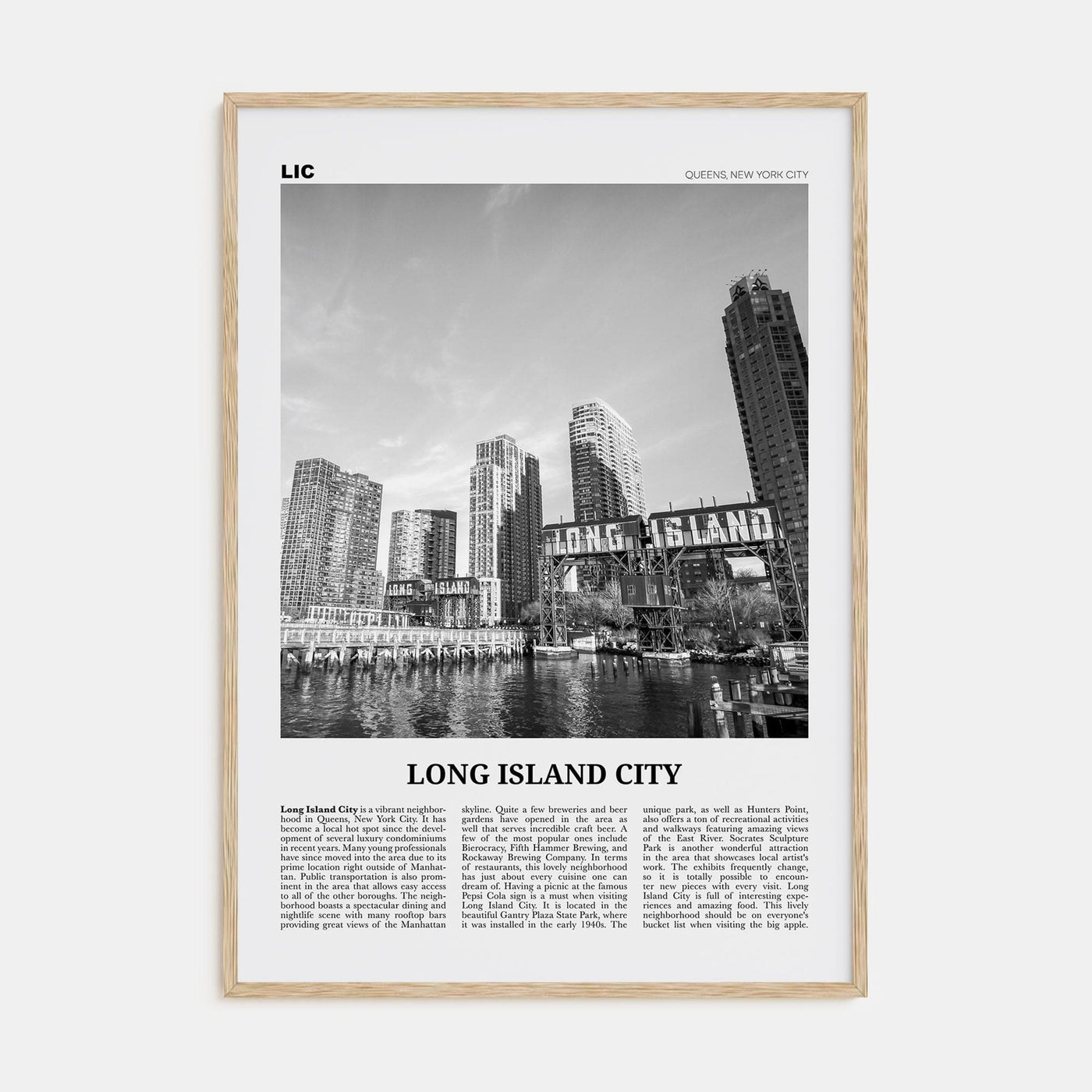 Long Island City Poster Natural Wood / 8x12 in Nbourhood Travel B&W Poster