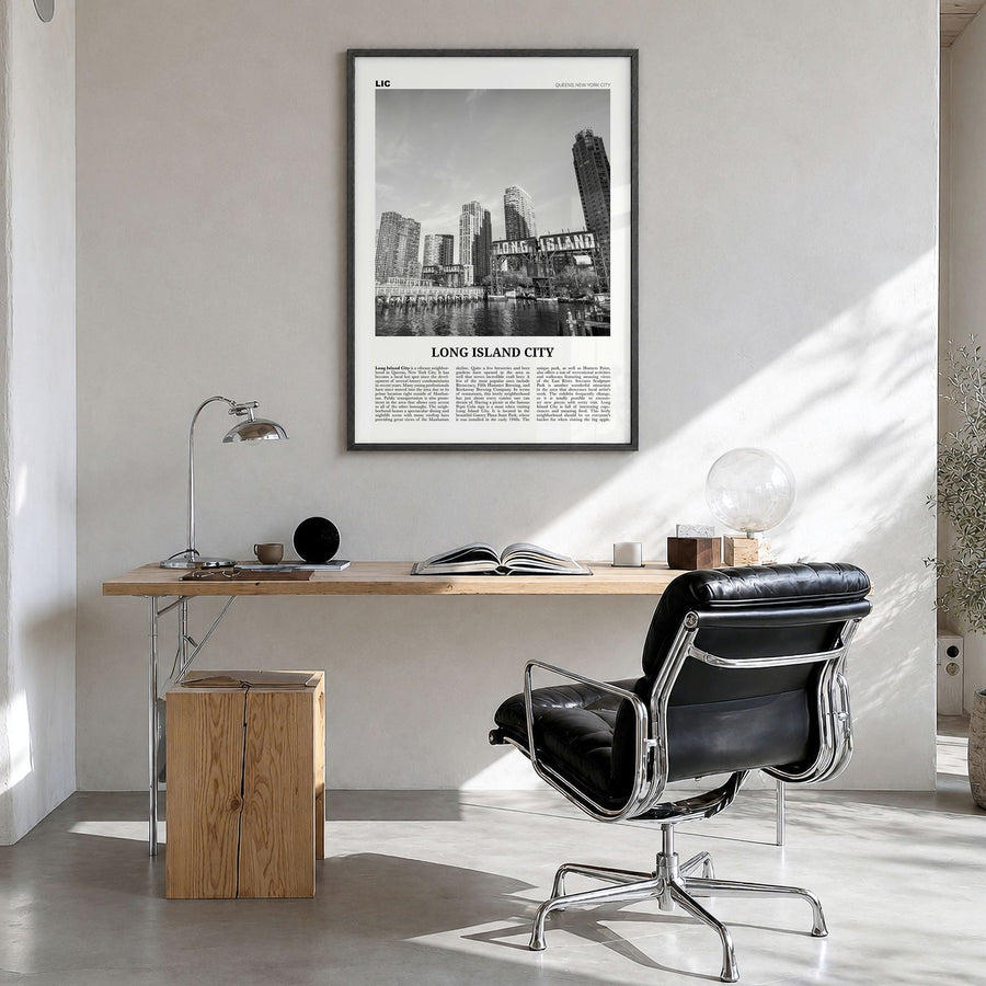 Long Island City Newspaper Poster in a black wood frame, hanging in a bright home office