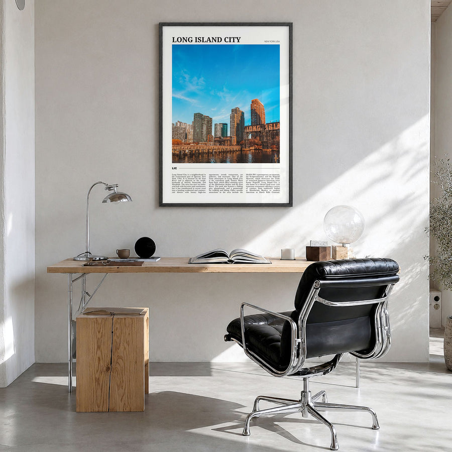 Long Island City Travel Poster in a black wood frame, hanging in a bright home office