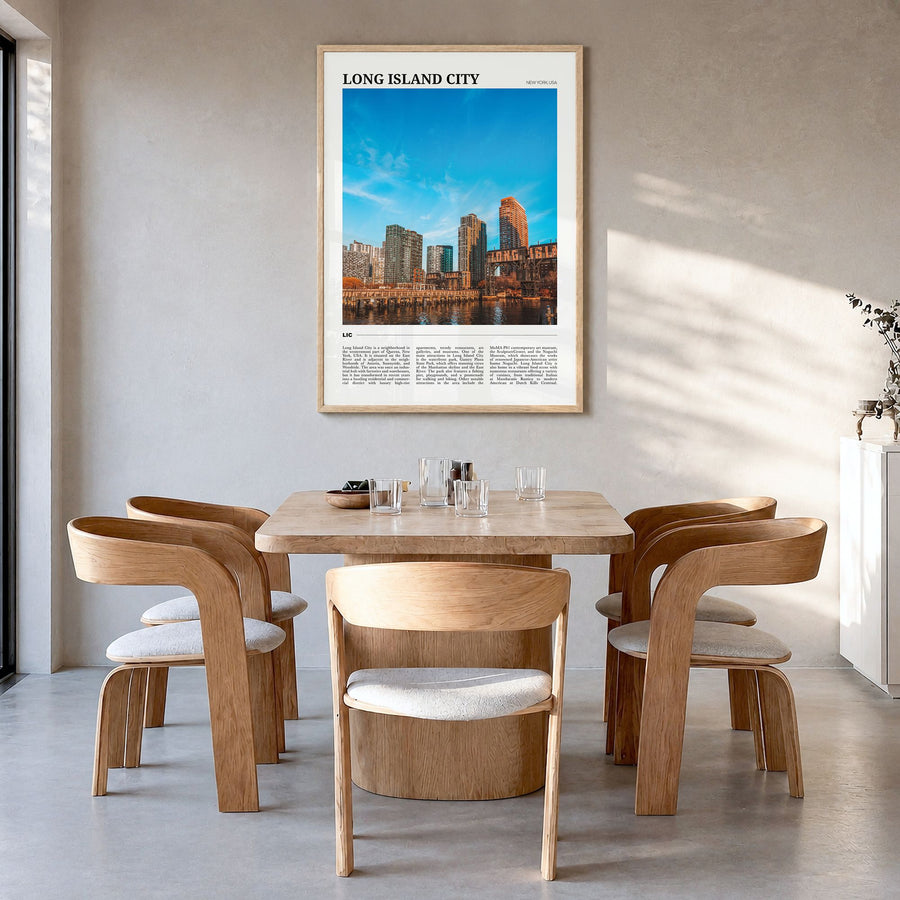 Long Island City Travel Poster in a natural wood frame, hanging in a dining room