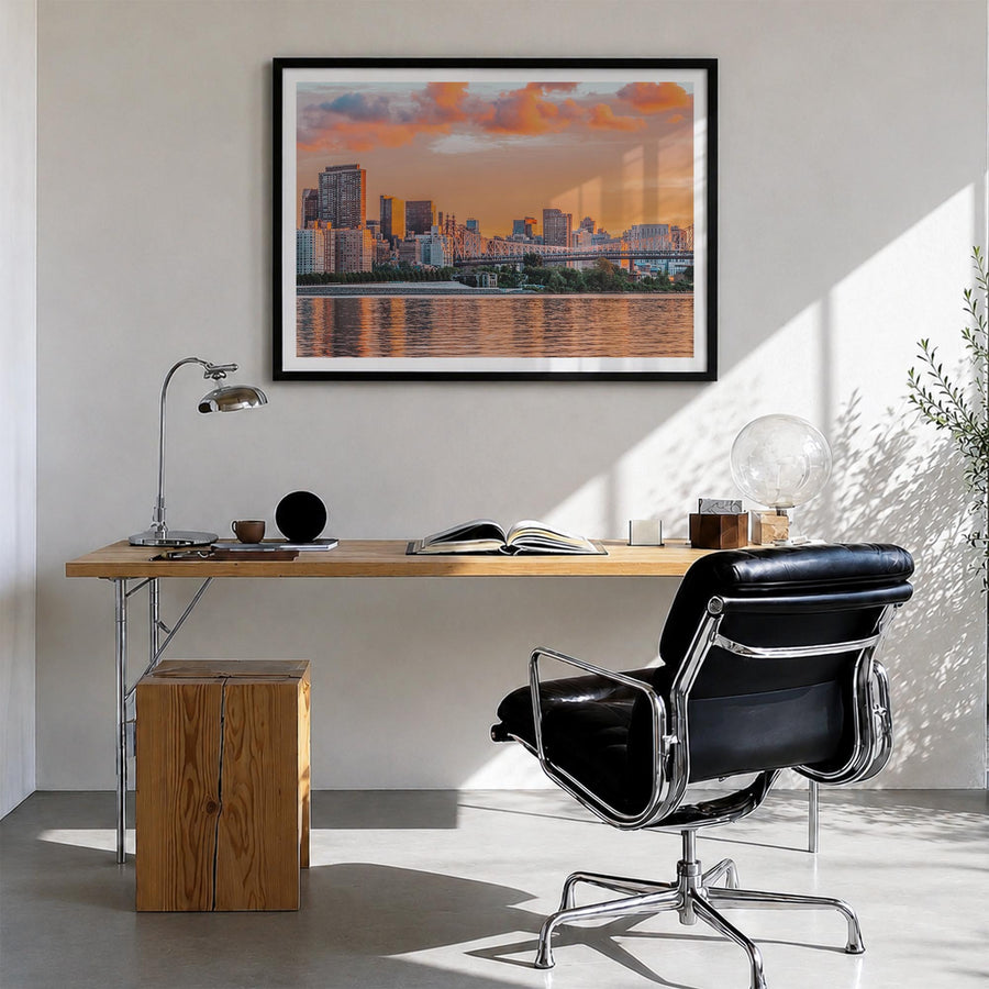 Long Island colorful photo poster of New York, USA – horizontal wall art in black wood frame with white border, hanging on wa