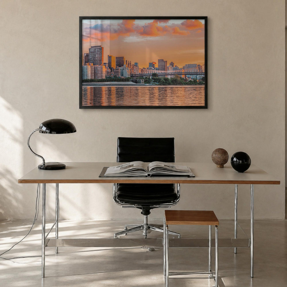 Long Island colorful photo poster of New York, USA – horizontal wall art in black wood frame, hanging on wall