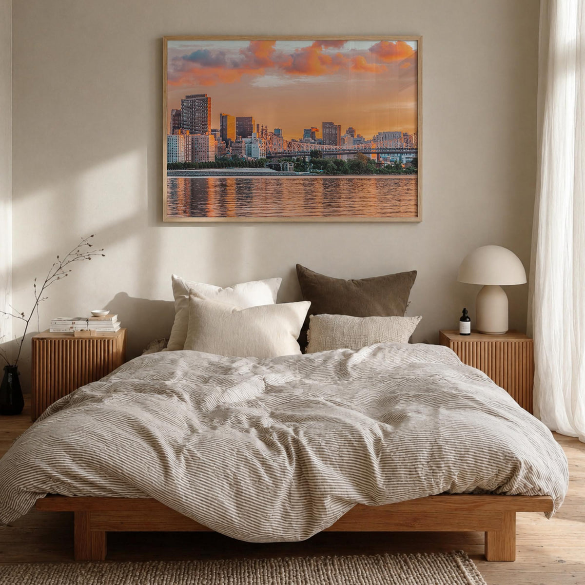 Long Island colorful photo poster of New York, USA – horizontal wall art in natural wood frame, hanging on wall