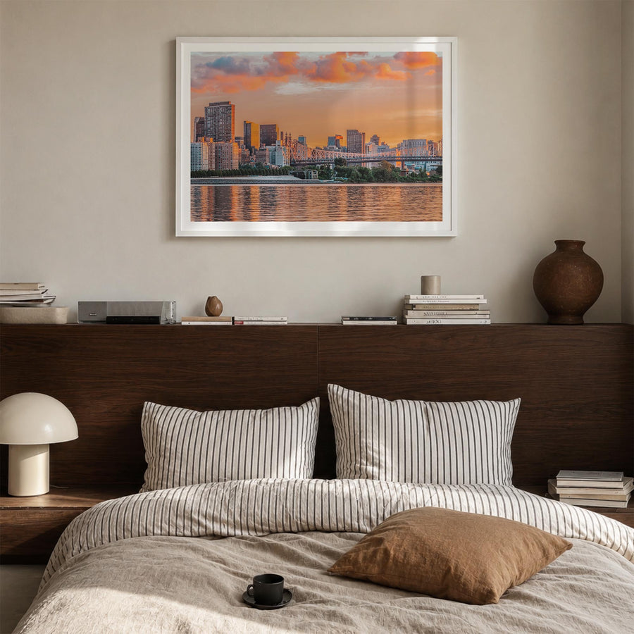Long Island colorful photo poster of New York, USA – horizontal wall art in white wood frame with white border, hanging on wa