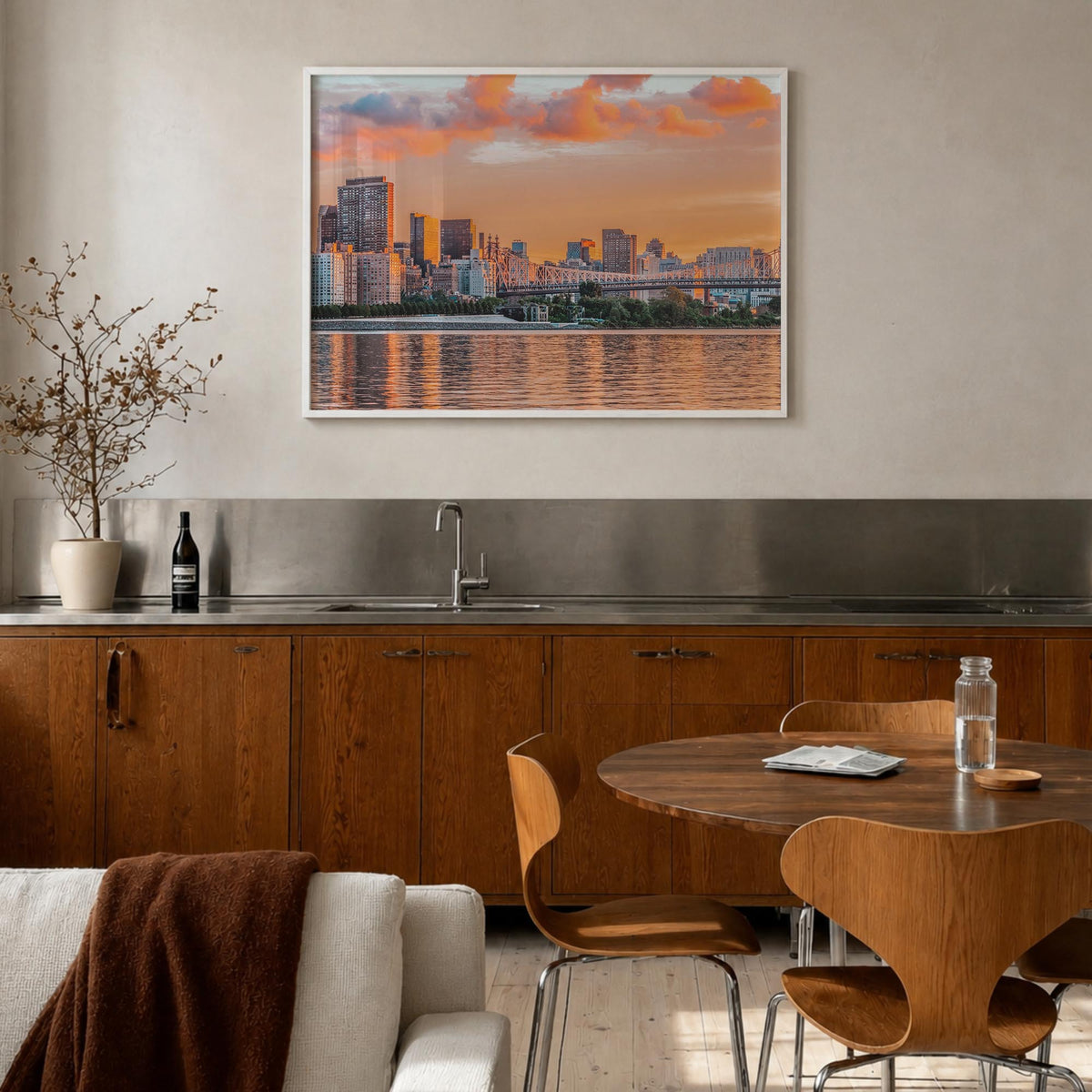 Long Island colorful photo poster of New York, USA – horizontal wall art in white wood frame, hanging on wall
