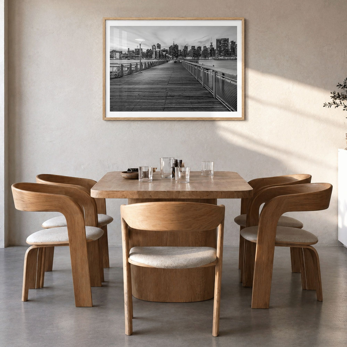 Long Island Photo Poster in a natural wood frame, hanging in a dining room, white border