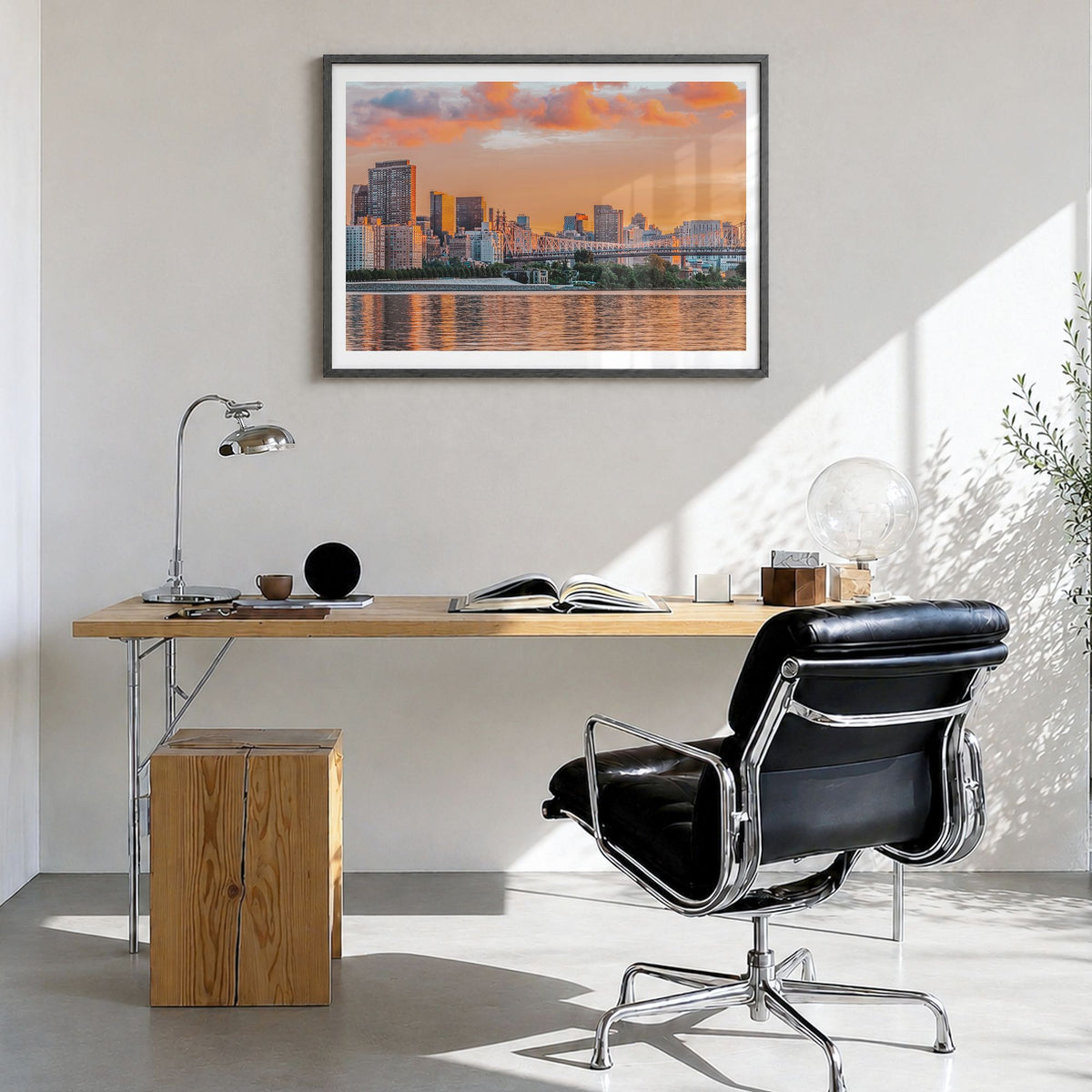 Long Island Photo Poster in a black wood frame, hanging in a bright home office, white border