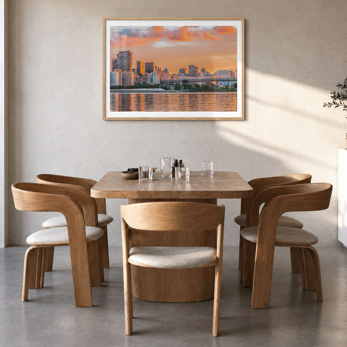 Long Island Photo Poster in a natural wood frame, hanging in a dining room, white border