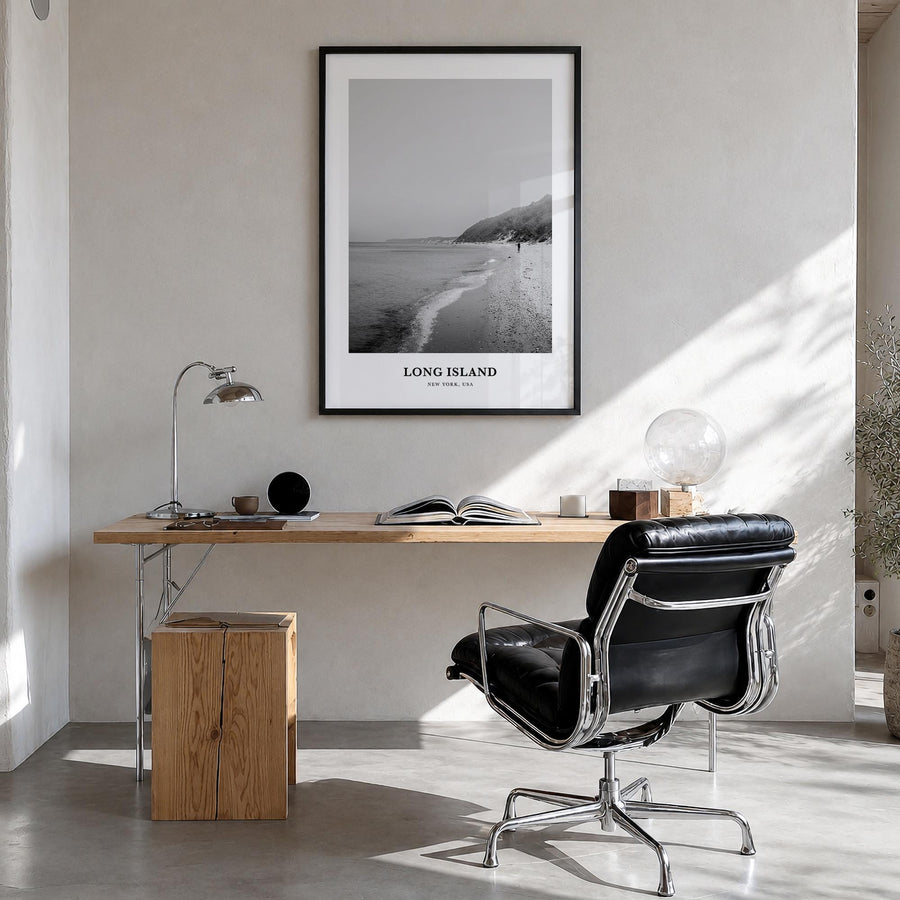 Long Island no. 1 black & white classic poster of New York, USA – vertical wall art in black wood frame, hanging on wall