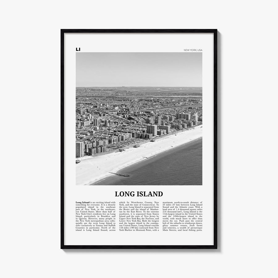Long Island no. 1 black & white newspaper poster of New York, USA – vertical wall art, unframed print shown in interior mocku