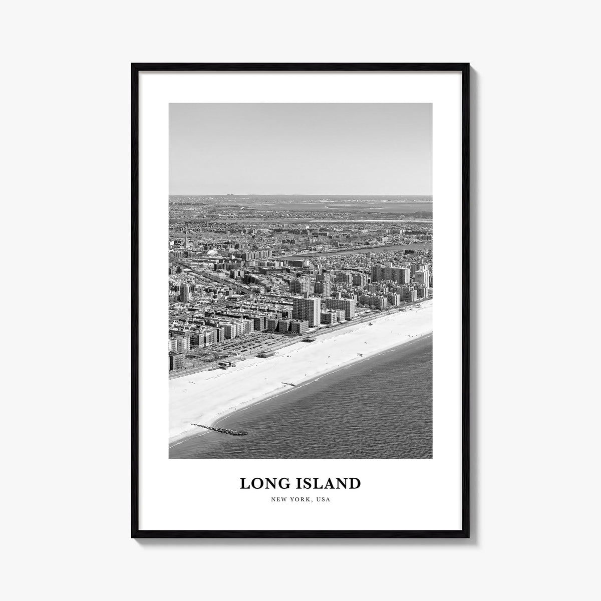 Long Island no. 2 black & white classic poster of New York, USA – vertical wall art, unframed print shown in interior mockup