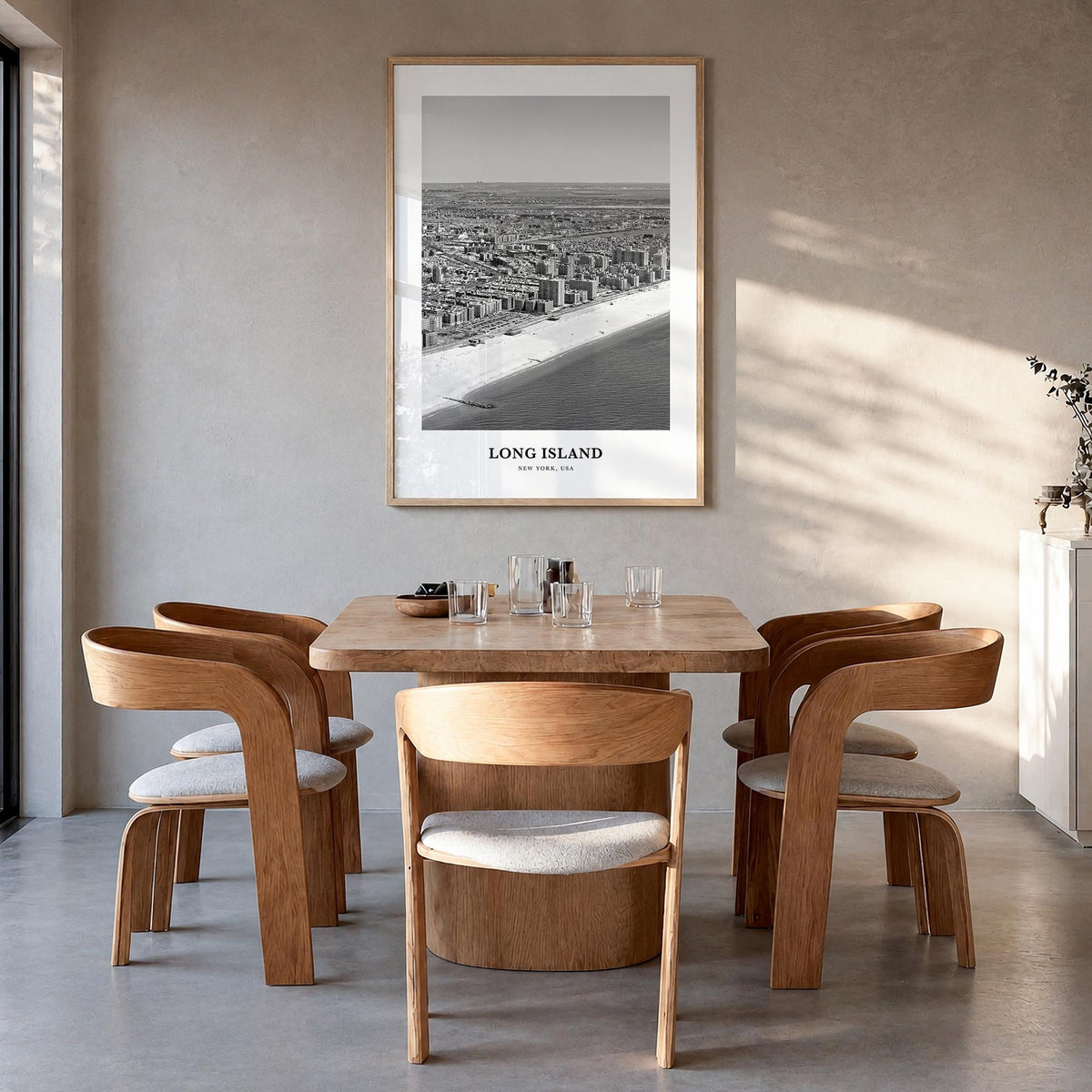 Long Island no. 2 black & white classic poster of New York, USA – vertical wall art in natural wood frame, hanging on wall
